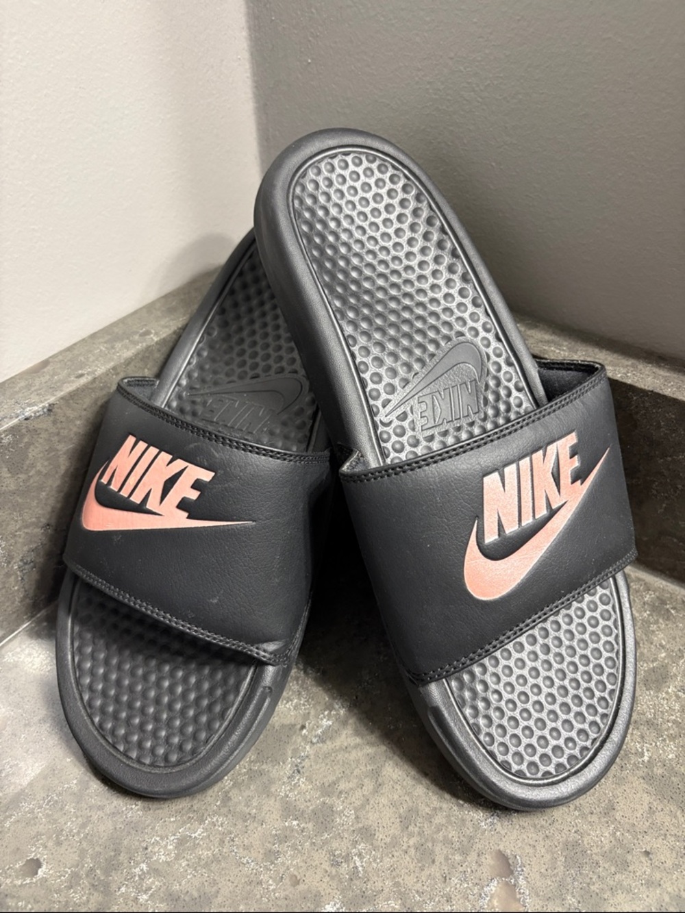 Nike Black Slide Sandals with Pink Logo